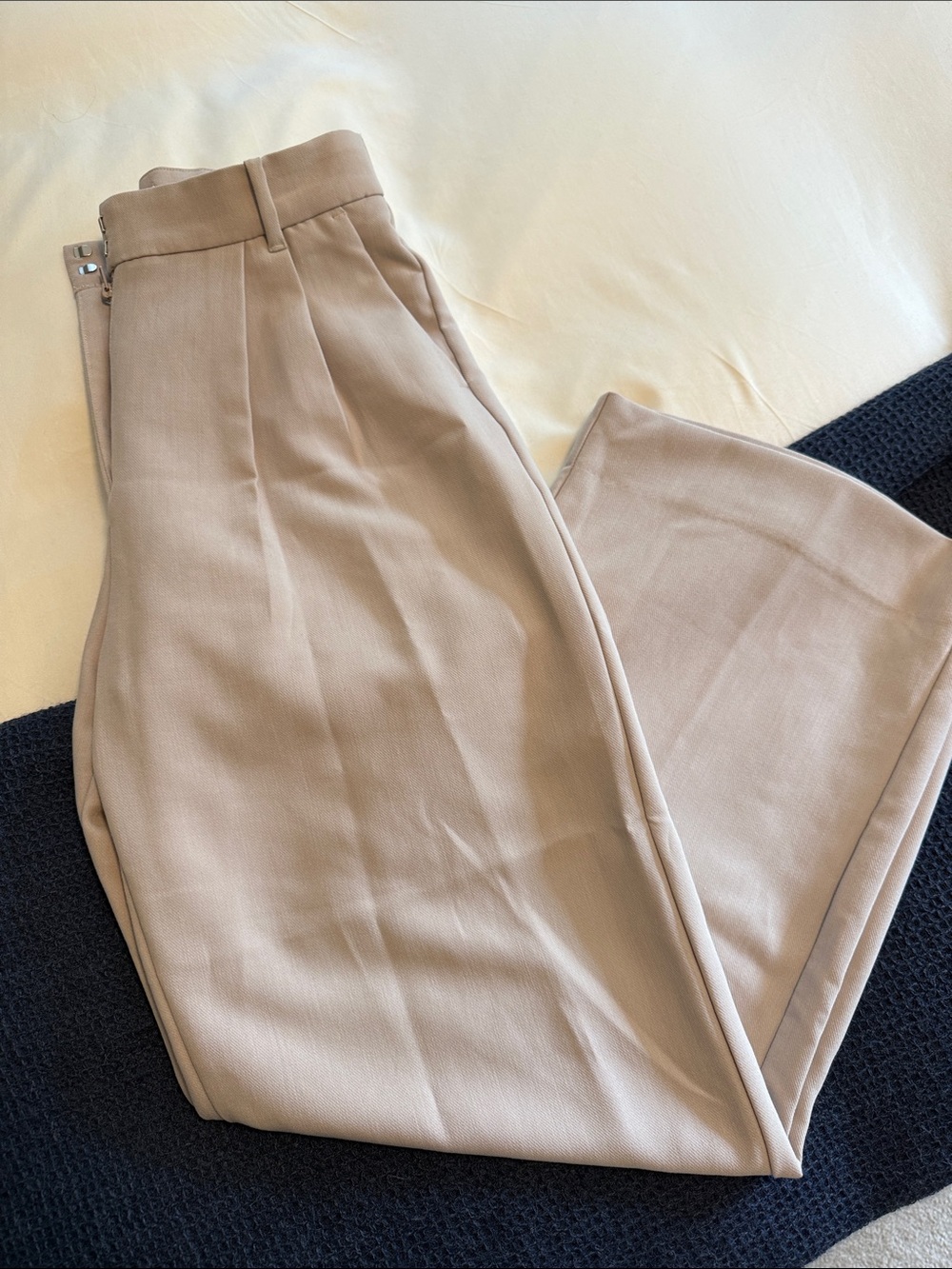 Abercrombie & Fitch High-Rise Pleated Wide-Leg Trousers in Light Taupe - Picture 4 of 7